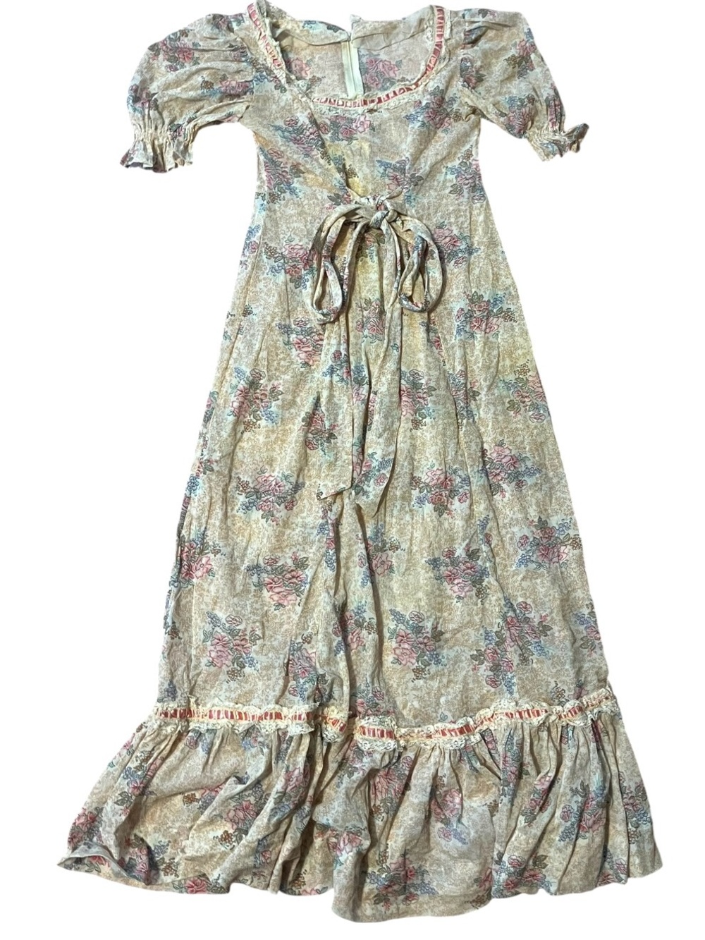 Floral Maxi Dress in Beige, Pink & Blue Sewn By Local Seamstress / Handmade